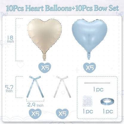 Blue White Heart Balloons with Ribbon Bow, 10 Pcs Baby Blue Cream Heart Shape Foil Balloons, 18 Inch Helium Balloon with Bow Decoration for Boy Baby Shower Baptism Brithday Bridal Shower Party Decor