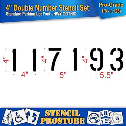 Pavement, Curb, and WheelStop Stencils - 4 inch Double Number Stencil Set - (00-99) - (102 Piece) - 4" x 5.5" x 1/8" (128 mil) - Pro-Grade