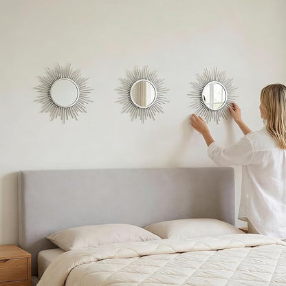 Boho Sunburst Wall Mirror Set of 3, 12 Inch Round Antique & Modern Metal Wall Art, Hanging Over The Door Mirrors for Wall Decor in Living Room, Bedroom, Bathroom, Entryway（Sliver）