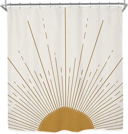 Miyotaa Abstract Sun Shower Curtain Set 60Wx71H Inches Modern Minimalist Mid Century Aesthetic Mustard Yellow Sunburst Sunrise Simple Polyester Waterproof Cloth Bathroom Curtain with 12 Hooks