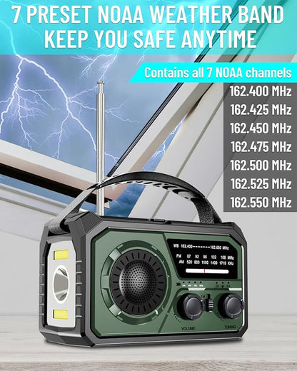16000mAh Emergency Weather Radio, AM/FM/NOAA Weather Alert Radio Hand Crank/Solar/Type-C Fast Rechargeable Outdoor Radio with Reading Lamp/SOS Alarm/3 Mode Flashlight/Power Bank(Green)