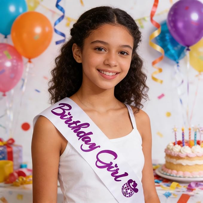 Birthday Girl Sash, Disco Cow Birthday Sash for Cowgirl Funny Birthday Gift Ideas Suppiles, White+ Purple Foil