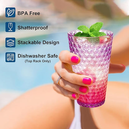 Lily's Home 19.4oz Highball Glasses Set of 4 - Unbreakable Plastic Cups for Outdoor, Party & Camping | Dishwasher Safe, Stackable Drinkware | BPA-Free Shatterproof Tumblers (Made in Taiwan)