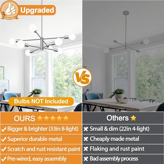 10.9"-52.3" Height Adjustable Sputnik Chandeliers Dining Room Light Fixture (8-Light, 30-Inch), Modern Brushed Nickel Chandelier, Mid Century Modern Chandeliers for Dining Room (Bulbs Not Included)