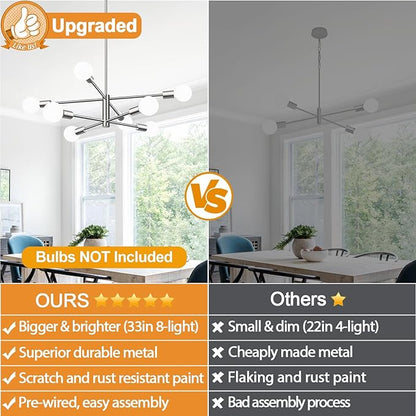 10.9"-52.3" Height Adjustable Sputnik Chandeliers Dining Room Light Fixture (8-Light, 30-Inch), Modern Brushed Nickel Chandelier, Mid Century Modern Chandeliers for Dining Room (Bulbs Not Included)