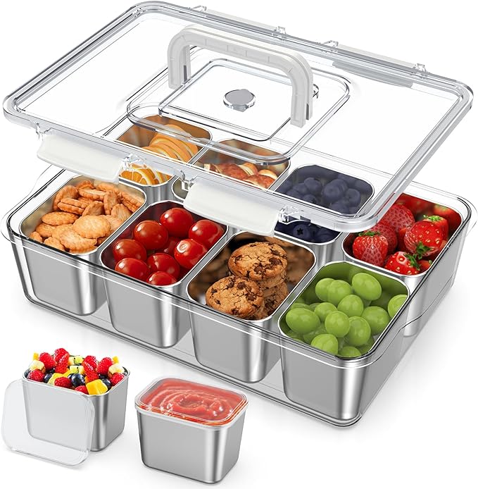 Snackle Box Container with 8 Removable Stainless Steel Containers – Clear Divided Serving Snack Tray with Lid & Handle – Leak-Proof for Wet/Dry Food – Perfect for Parties, Travel, Office