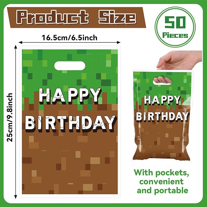 50 PCS Pixel Party Gift Bags Pixel Birthday Party Favors Video Game Theme Candy Snack Bag Happy Birthday Gift Bags Bulk for Kids Trunk or Treat Gamer Gifts Decoration Supplies