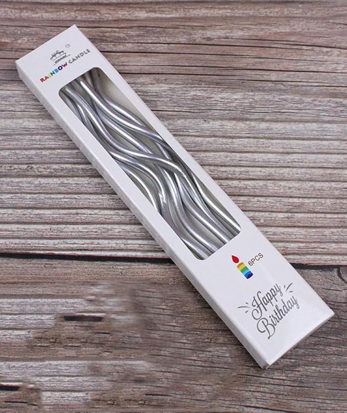 Twisty Birthday Candles Set,Metallic Colorful Curly Coil Candles,Creative Fun Long Thin Wedding Birthday Candles Set,Party Supplies,Cake Decoration,6 Pack (Silver)