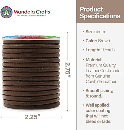 Mandala Crafts Round Cowhide Genuine Brown Leather Cord for Jewelry Making Kumihimo Leather Rope Spool - Brown String Lace - 11 Yds 4mm Cording