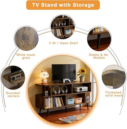 Lightdot 55 Inch TV Stand, up to 65 Inch TVs, Large Storage for Collection with 6 Open Shelves, Sturdy Media Console Table for Living Room/Entrance/Kitchen/Sofa Cabinet, Easy Assembly, Amber