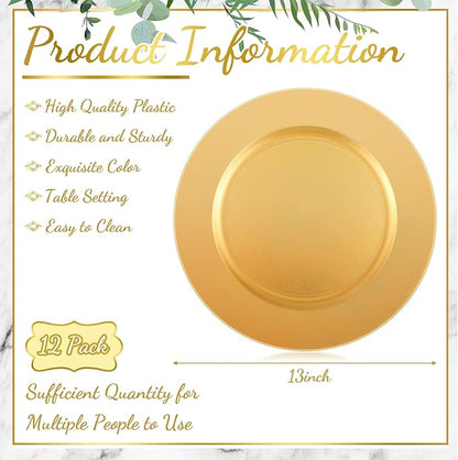 Tanlade 12 Pcs 13 Inch Charger Plates Bulk Round Wedding Chargers Plastic Dinner Plates for Table Setting Wedding Party Decoration (Gold)