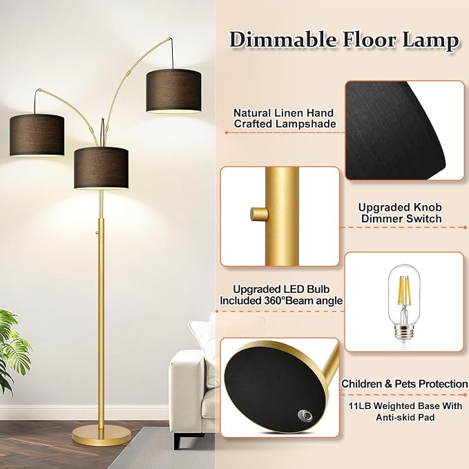 Nintiue Dimmable Floor Lamp - 3 Lights Gold Floor Lamps for Living Room with Black Shades & Heavy Base, Mid Century Tree Floor Lamp for Bedroom Office, 3 LED Bulbs Included