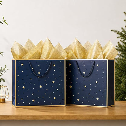 SHIPKEY 12 Pack Navy Star Gift Bags with Gold Frame, 12.5x4.5x11 Inches Large Paper Bag with Ribbon Handles, Star Shopping Bags (32x11.5x28 cm)