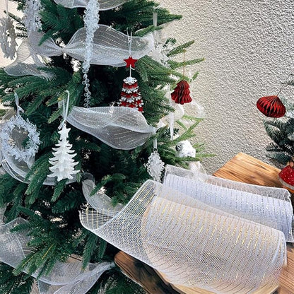 3 Rolls White Deco Mesh Ribbon for Wreath Making Supplies, 10 Inch x 30FT Metallic Foil Burlap Deco Mesh Fabric for Easter Christmas Tree New Year Wedding Wreath Swags and Decorating
