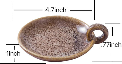 1pack Vintage Ceramic Candle Holders with Handle, Round Farmhouse Ceramic Plate Tray,Sage Holder for Burning,Incense Holder for Meditation Room Home Decor (Khaki)