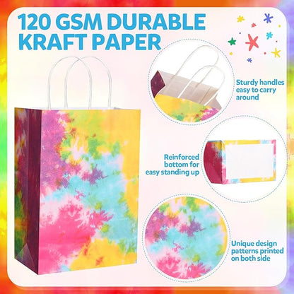 Gaillty 24 Pcs Tie Dye Party Favor Bags Camouflage Goodie Gift Bags with Handles Colorful Rainbow Paper Treat Candy Totes for Retro Theme Birthday Party Supplies Decorations