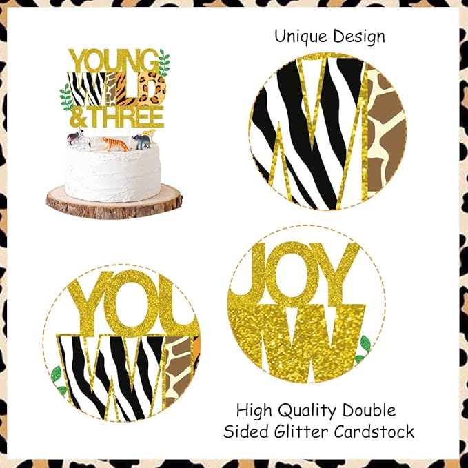 Sursurprise Young Wild & Three Cake Topper Jungle Animals Cupcake Toppers, Safari Jungle Animal Print Happy 3rd Birthday Cake Decor, Third Birthday Party Decorations 25 Pack
