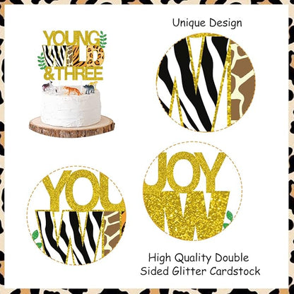 Sursurprise Young Wild & Three Cake Topper Jungle Animals Cupcake Toppers, Safari Jungle Animal Print Happy 3rd Birthday Cake Decor, Third Birthday Party Decorations 25 Pack