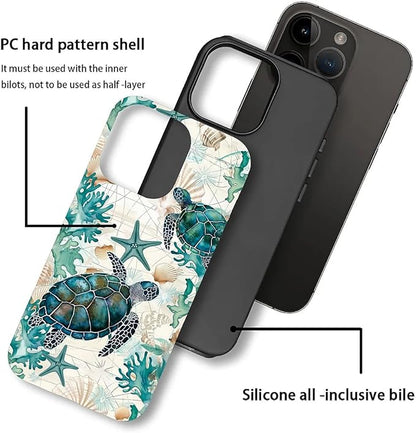 for iPhone 14 Pro Max Case,HH2 Ocean Sea Turtle Nautical Map Hybrid 2 Layer Hard Shell Silicone Protective Pattern Design Case