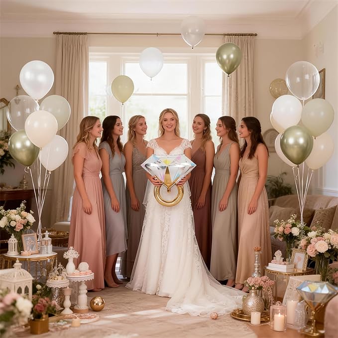 Gold and White Diamond Ring Balloons, Pearl White Beige Gold Double Latex Balloons with Big Ring Foil Balloon Set for Boho Engagement Bridal Shower Wedding She Said Yes Bachelorette Party Decorations