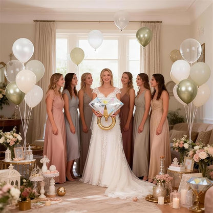 Gold and White Diamond Ring Balloons, Pearl White Beige Gold Double Latex Balloons with Big Ring Foil Balloon Set for Boho Engagement Bridal Shower Wedding She Said Yes Bachelorette Party Decorations