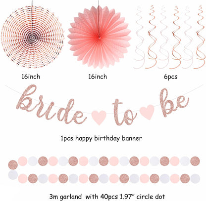 Light-Pink Rose-Gold Bachelorette Party-Decorations - 21pcs Baby Bridal Shower Banner Garland, Bride To Be Paper Streamers Lanterns,flower Tissue Pom Poms Fan Supplies,Wedding Backdrop Decor Huglony