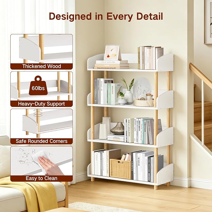 4-Tier Wooden Bookshelf, Modern Open Bookcase