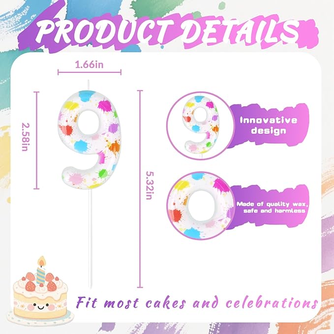 Paint Birthday Candles, Art Paint Party Decoration Supplies, Birthday Number Candles for Cake Topper (Multicolour, Number 9)