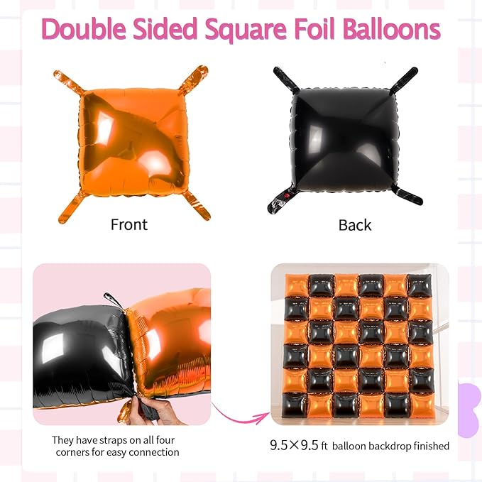 36pcs Black & Orange Square Foil Balloons Kit - Halloween Balloon Backdrop Wall Arch for Thanksgiving, Birthday, Graduation Party Decorations (Includes Straws & Ribbon)
