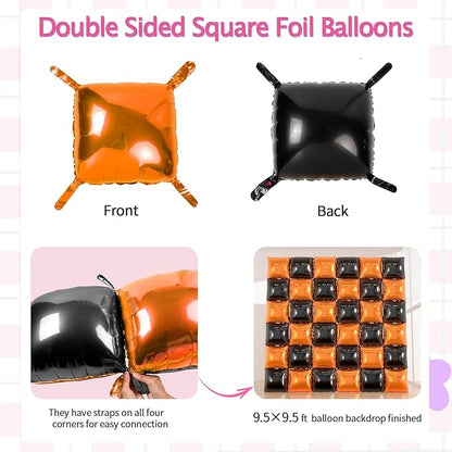 36pcs Black & Orange Square Foil Balloons Kit - Halloween Balloon Backdrop Wall Arch for Thanksgiving, Birthday, Graduation Party Decorations (Includes Straws & Ribbon)