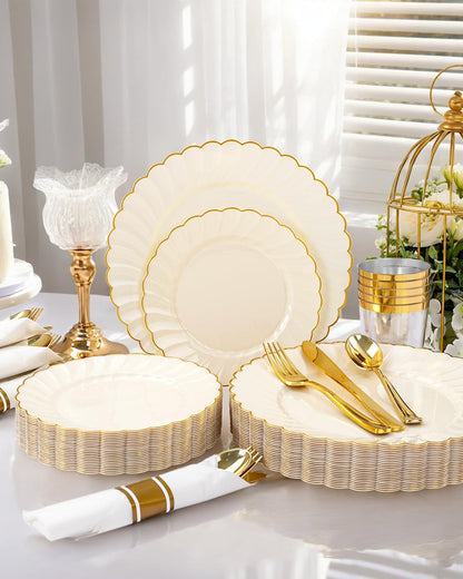 YOUBET 350PCS Ivory Scalloped Plastic Plates - Ivory and Gold Disposable Dinnerware Set Include 100 Plates, 150 Gold Silverware, 50 Cups, 50 Napkins for Wedding & Party & Thanksgiving