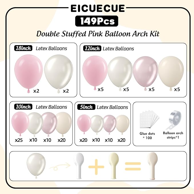 Pearl Pink White Balloon Arch Kit - 149Pcs Different Sizes Double Stuffed Pearl Pink Sand White Balloons Garland Kit for Wedding Bridal Shower Engagement Girls Birthday Party Decorations