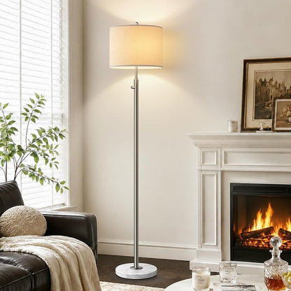 【Upgraded】 Dimmable Floor Lamp for Living Room, 11W LED Bulb Included, Modern Standing Lamp with Marble Base, Tall Pole Light with Linen Shade for Bedroom Reading Office Corner Nursery-Brushed Nickel