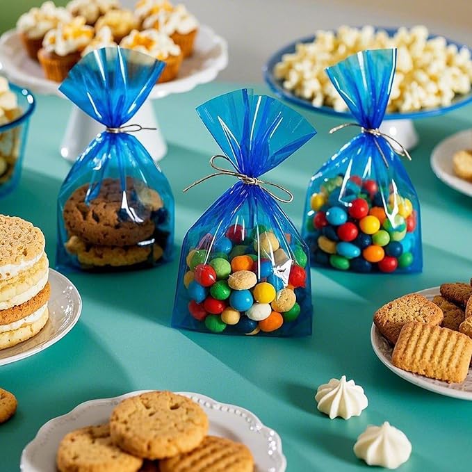 AimtoHome Cellophane Treat Bags Blue, 9x6 inches, 50 Pack with Ties,Small Party Favors bags for Cookie Candy Popcorn