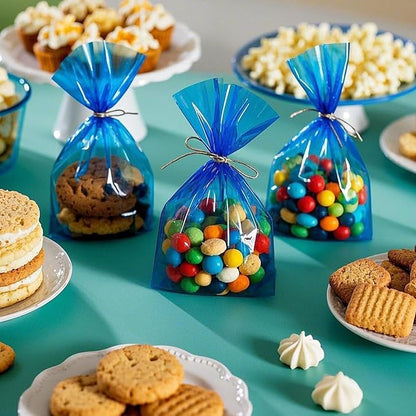 AimtoHome Cellophane Treat Bags Blue, 9x6 inches, 50 Pack with Ties,Small Party Favors bags for Cookie Candy Popcorn