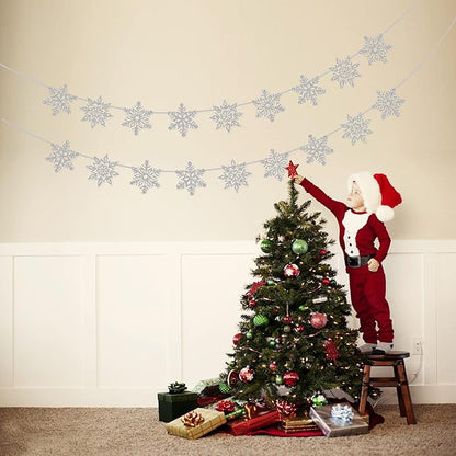 2 Pcs Silver Glitter Snowflake Banner，Snowflake Winter Party Decorations， Snowflake Garland Christmas Party Decorations (Silver)
