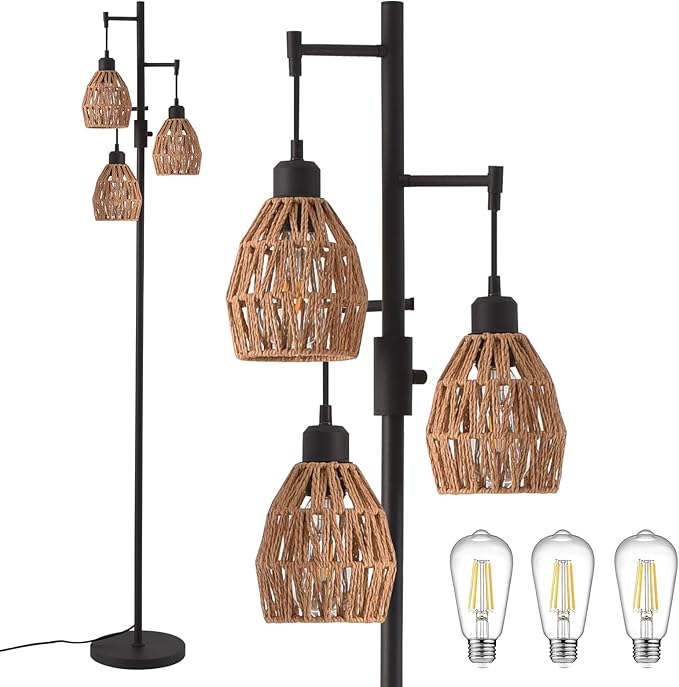 Boho Rattan Floor Lamp-Standing Lamps for Living Room 70'' Dimmable Floor Lamp with Cage Shade, Industrial Farmhouse Floor Lamps Rustic Floor Lamps Vintage Lamp for Living Room Bedroom Office