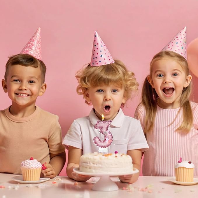3rd Birthday Candles，Glitter Butterfly Cake Toppers Pink Sequins Wedding Numeral Cupcake Decorations，Suitable for Girl and boy Wedding Cakes, Party Celebrations, Birthday Decorations