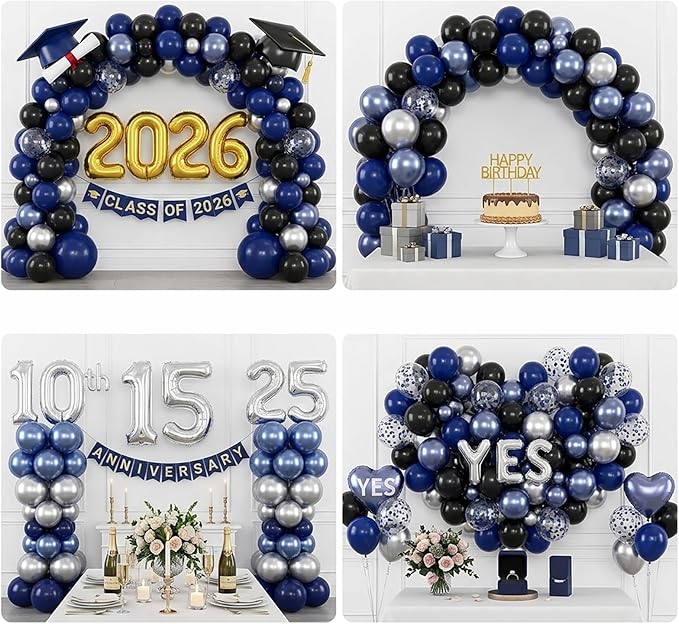 60pcs Blue and Black Balloon, 12" Navy Metallic Blue & Silver Confetti Balloons for 2026 Graduation, Father’s Day, Birthday Party Supplies (66ft Ribbons)