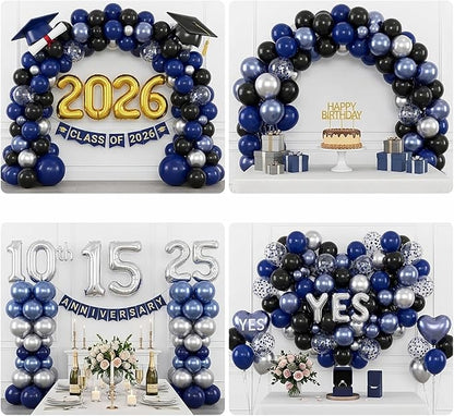 60pcs Blue and Black Balloon, 12" Navy Metallic Blue & Silver Confetti Balloons for 2026 Graduation, Father’s Day, Birthday Party Supplies (66ft Ribbons)