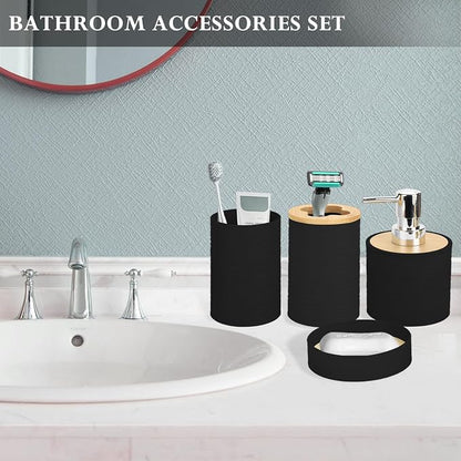 Bamboo Bathroom Accessories Set 4 Pcs, Black Bathroom Accessory Set with Soap Dispenser and Toothbrush Holder, Soap Dish and Mouthwash Cup, Boho Bathroom Decor