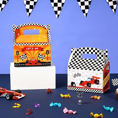 WERNNSAI 12 PCS Race Car Party Favor Boxes - Race Car Birthday Party Decorations Checkered Candy Treat Boxes Racing Party Favors for Kids Boys Let's Go Racing Car Party Supplies