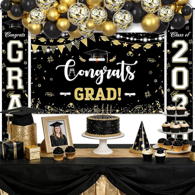 AIBIIN 60pcs Graduation Decorations Class of 2026 Black Gold Graduation Balloon Arch Kit with Congrats Grad Backdrop Class of 2026 Porch Sign Banner Congrats Grad Prom Party Decorations Supplies