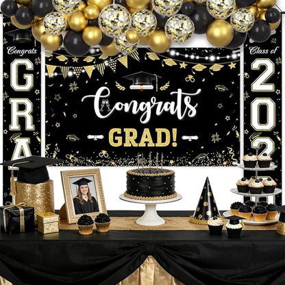 AIBIIN 60pcs Graduation Decorations Class of 2026 Black Gold Graduation Balloon Arch Kit with Congrats Grad Backdrop Class of 2026 Porch Sign Banner Congrats Grad Prom Party Decorations Supplies