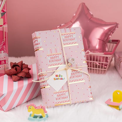 MAYPLUSS Pink Birthday Wrapping Paper Roll - 17 Inch X 33 Feet - Girly Shiny Metallic Pink Birthday Cake Pattern Reversible Gift Wrap Paper Pastel for Girl Baby Shower Wedding Bridal Shower
