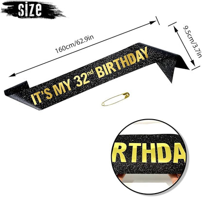 It's My 32nd Birthday Sash for Men Women, Black Glitter Sash with Gold Foil