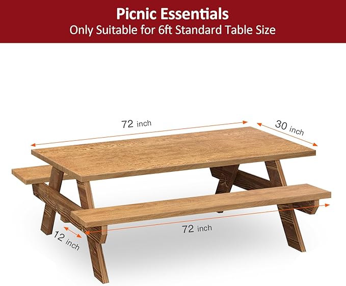 6ft Picnic Table and Bench Cover, Camping Essentials RV Gear, 72 in Waterproof Windproof Outdoor Elastic All Around Tablecloth, Fitted Rectangle Tables and Seats, Wood Grain
