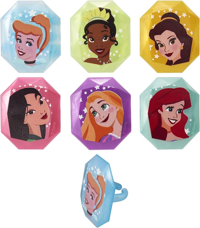 DecoPac Disney Princess Gemstone Rings, Cupcake Decorations Featuring Mulan, Cinderella, Tiana, Belle, Rapunzel and Ariel, Multicolored 3D Food Safe Cake Toppers – 24 Pack