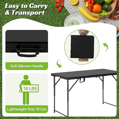 4FT Folding Table - Heavy Duty Portable Plastic Utility Table with Adjustable Height, Carry Handle. Indoor Outdoor Use for Camping, Parties, Picnics, Tailgating (4ft, Black)