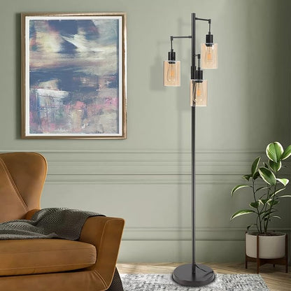 Farmhouse Floor Lamp, Dimmable Floor Lamp for Living Room, Rustic 3 Lights Oil Rubbed Bronze Tree Standing lamp, Vintage Tall Pole Lamp with Amber Glass Shade